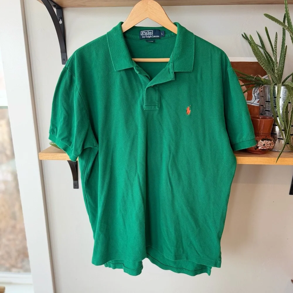 POLO Ralph Lauren Emerald Green Cotton Polo with Orange Embroidered Logo Large